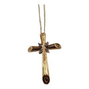 Vintage Cross Pendant Necklace 10K Yellow Gold 4 Small Diamonds Goldtone Chain